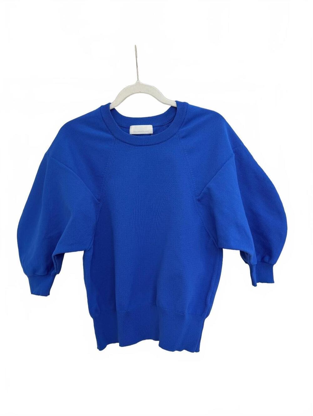 GALLARDAGALANTE Cobalt Blue Sculptural Puff Sleeve Short Sleeve Knit Sweater F